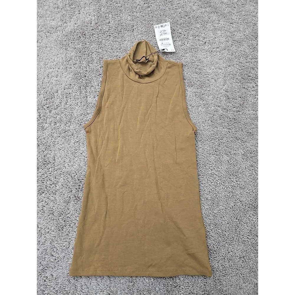 Zara Top Womens XL Camel Brown Turtleneck Sleeveless Knit SlimFit Casual Y2k NEW